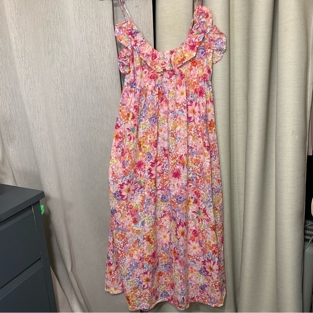 Floral Maxi Dress Pink Sz M Colorful Cotton Ruffle Neckline Boho Prairie - Picture 8 of 13